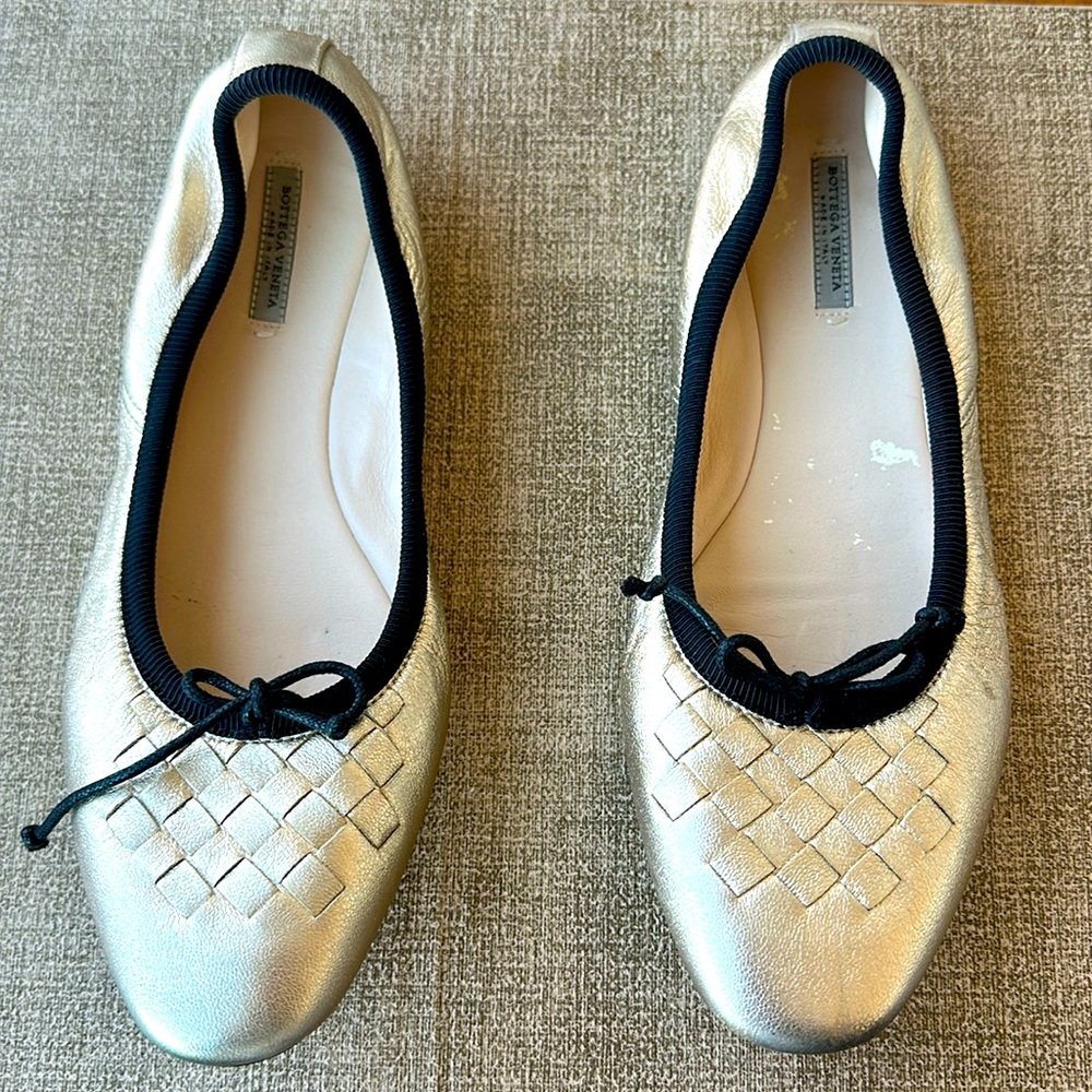 BOTTEGA VENETA Gold Intrecciato Woven Nappa Leather Bow Ballet Flats Women's 36